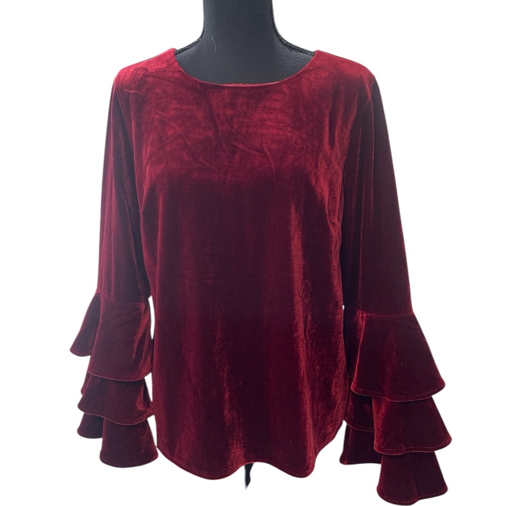 Sugar Lips Ruffled Red Velour Bell Sleeve Blouse